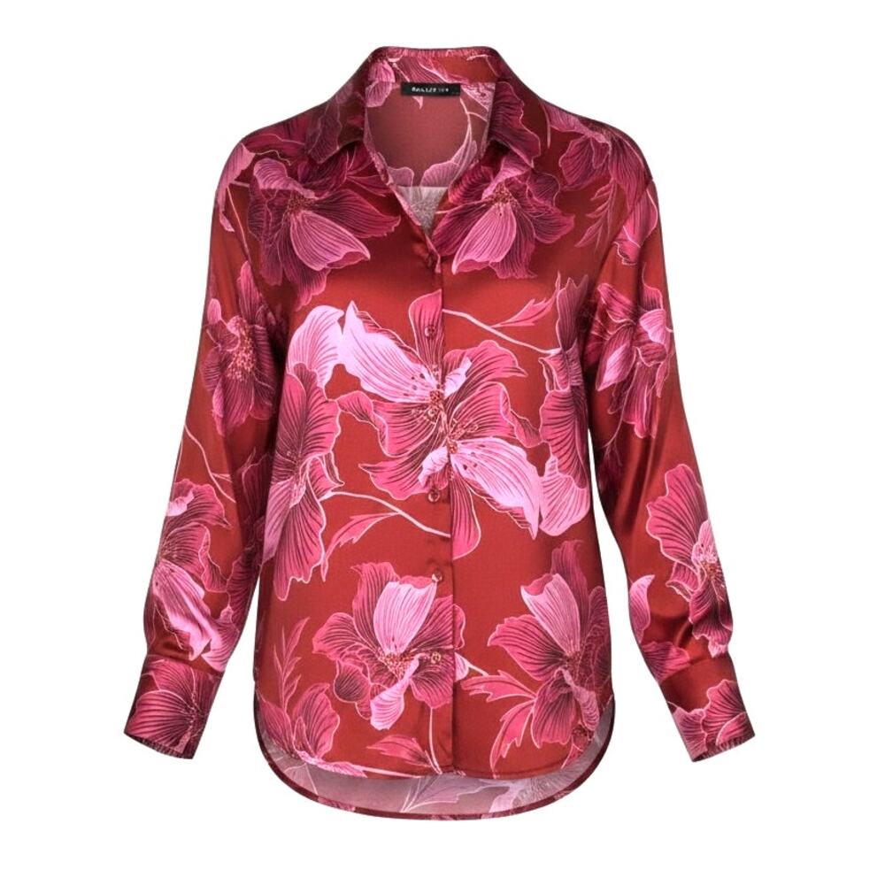 Bailey 44 Women's Size XS Satin Red Pink Floral Button-Up Long Sleeve Blouse Top